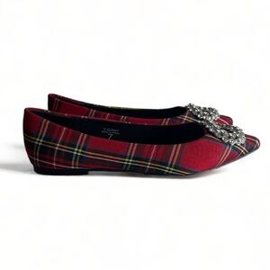 B*O*G COLLECTIVE Band of Gypsies Red Plaid Embellished V-Ginny Flats Size 7